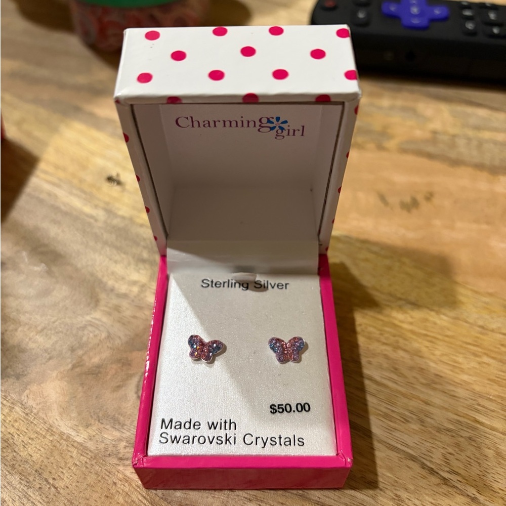 Charming Girl Sterling Silver Butterfly Earrings Made with Swarovski Crystals